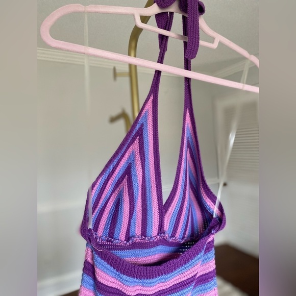 Y2K Halter Crochet Knit Dress Bold Fairy Grunge Vibrant Festival Boho Striped - Picture 4 of 10